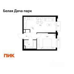 ЖК «Белая Дача парк», планировка 1-комнатной квартиры, 38.00 м²