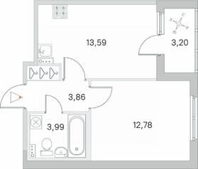 МЖК «Любоград», планировка 1-комнатной квартиры, 35.82 м²