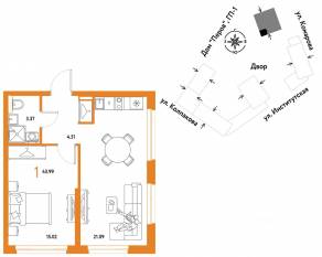 ЖК «Страна.Парковая», планировка 1-комнатной квартиры, 43.99 м²