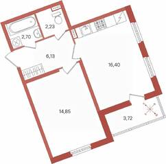 ЖК «Патио», планировка 1-комнатной квартиры, 44.17 м²