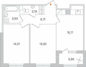 МЖК «Дубровский», планировка 2-комнатной квартиры, 57.46 м²