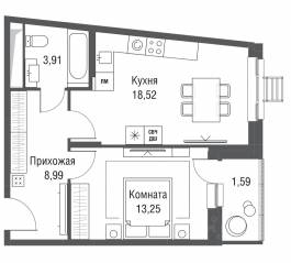 ЖК «Одинбург», планировка 1-комнатной квартиры, 46.26 м²