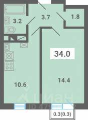 МЖК «Южная Долина», планировка 1-комнатной квартиры, 34.00 м²