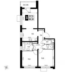 ЖК «Южная Битца», планировка 3-комнатной квартиры, 62.60 м²