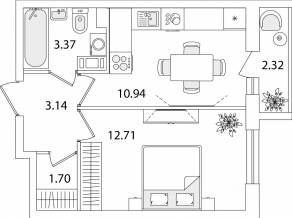 ЖК «Кинопарк», планировка 1-комнатной квартиры, 33.02 м²