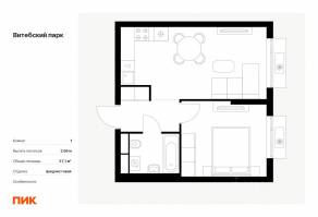ЖК «Витебский парк», планировка 1-комнатной квартиры, 37.10 м²