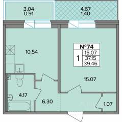 ЖК «Смарт», планировка 1-комнатной квартиры, 39.46 м²
