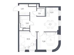 ЖК «Квартал на воде», планировка 2-комнатной квартиры, 50.91 м²