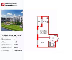 ЖК «Парадный ансамбль», планировка 1-комнатной квартиры, 36.53 м²