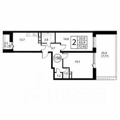 ЖК «Космос», планировка 2-комнатной квартиры, 72.92 м²