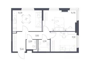 ЖК «Пригород Лесное», планировка 2-комнатной квартиры, 53.78 м²