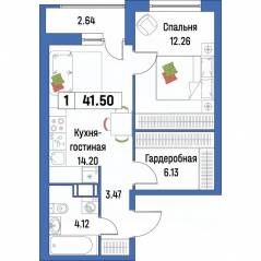 ЖК «Урбанист», планировка 1-комнатной квартиры, 41.50 м²