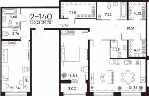 ЖК «Familia», планировка 2-комнатной квартиры, 140.30 м²