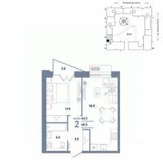 ЖК «Страна.Заречная», планировка 2-комнатной квартиры, 42.30 м²