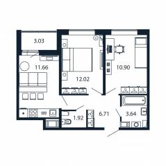 ЖК «Полис ЛАВрики», планировка 2-комнатной квартиры, 46.10 м²