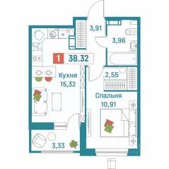 ЖК «Графика», планировка 1-комнатной квартиры, 38.32 м²