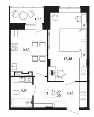 ЖК «Времена года», планировка 1-комнатной квартиры, 44.06 м²