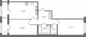 ЖК «Б15», планировка 2-комнатной квартиры, 66.29 м²