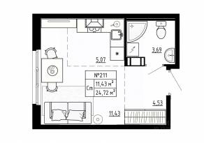 МЖК «Аннино Сити», планировка студии, 24.72 м²