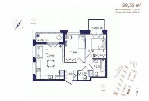 ЖК «Ranta Residence», планировка 2-комнатной квартиры, 59.35 м²