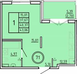 МЖК «Образцовый квартал 16», планировка 1-комнатной квартиры, 37.67 м²