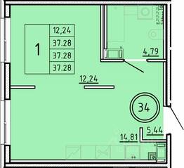 МЖК «Образцовый квартал 16», планировка 1-комнатной квартиры, 37.28 м²