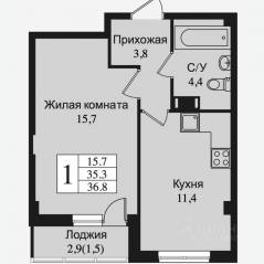 ЖК «Южная заря», планировка 1-комнатной квартиры, 38.30 м²