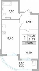 ЖК «Дом-Мегалит в Королёве», планировка 1-комнатной квартиры, 52.00 м²