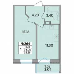 ЖК «Рождественский квартал», планировка 1-комнатной квартиры, 35.58 м²