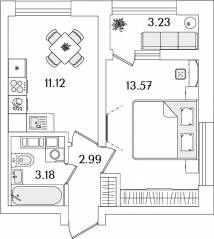 ЖК «БелАрт», планировка 1-комнатной квартиры, 32.48 м²
