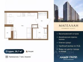 ЖК «Магеллан», планировка студии, 28.70 м²