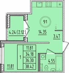 МЖК «Образцовый квартал 17», планировка 1-комнатной квартиры, 34.18 м²