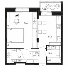 ЖК «Времена года», планировка 1-комнатной квартиры, 46.72 м²