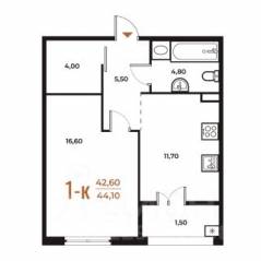 ЖК «Новое Летово», планировка 1-комнатной квартиры, 44.10 м²