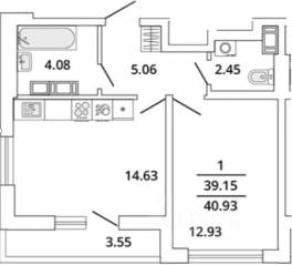 ЖК «Master Place», планировка 1-комнатной квартиры, 40.93 м²
