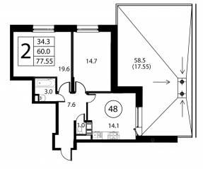ЖК «Космос», планировка 2-комнатной квартиры, 77.55 м²
