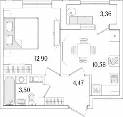 ЖК «Гранат», планировка 1-комнатной квартиры, 33.13 м²
