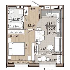 ЖК «Гранд Комфорт», планировка 1-комнатной квартиры, 42.20 м²