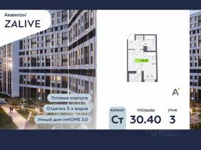 ЖК «Аквилон ZALIVE», планировка студии, 30.40 м²