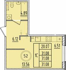 МЖК «Образцовый квартал 17», планировка 1-комнатной квартиры, 31.08 м²