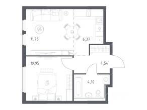 ЖК «Пригород Лесное», планировка 1-комнатной квартиры, 37.72 м²