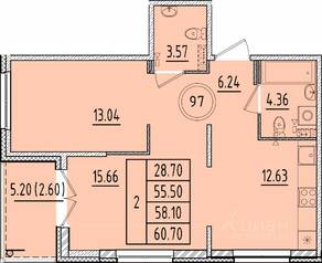 МЖК «Образцовый квартал 17», планировка 2-комнатной квартиры, 55.50 м²