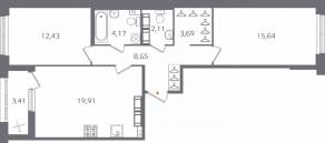 ЖК «Б15», планировка 2-комнатной квартиры, 68.31 м²