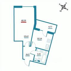 ЖК «Левитан», планировка 1-комнатной квартиры, 40.59 м²