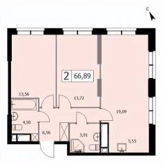 ЖК «Self», планировка 2-комнатной квартиры, 66.80 м²