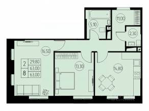 ЖК «31 квартал», планировка 2-комнатной квартиры, 63.00 м²