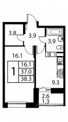 ЖК «Космос», планировка 1-комнатной квартиры, 38.30 м²