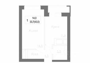 МЖК «Новое Замитино», планировка 1-комнатной квартиры, 44.10 м²
