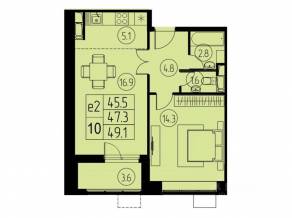 ЖК «River Park», планировка 2-комнатной квартиры, 47.30 м²