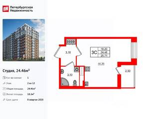 ЖК «Астра Континенталь», планировка студии, 24.46 м²